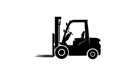 Naklejka premium Forklift industrial warehouse icon with solid black silhouette,raised mast and forks,side view featuring