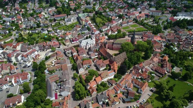 Aerial view of the old town of the city Erbach im Odenwald in Germany. On a sunny spring day.