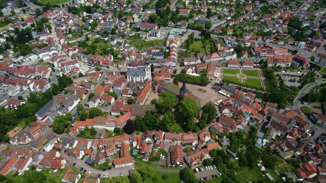 Aerial view of the old town of the city Erbach im Odenwald in Germany. On a sunny spring day.