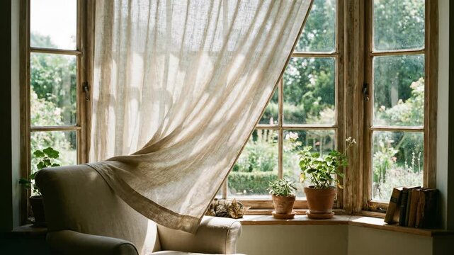 Gentle breeze blows through sheer curtain in sunlit room overlooking garden.