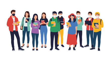 Obraz premium Group of diverse people and students standing together and wearing protective face masks for health and safety.