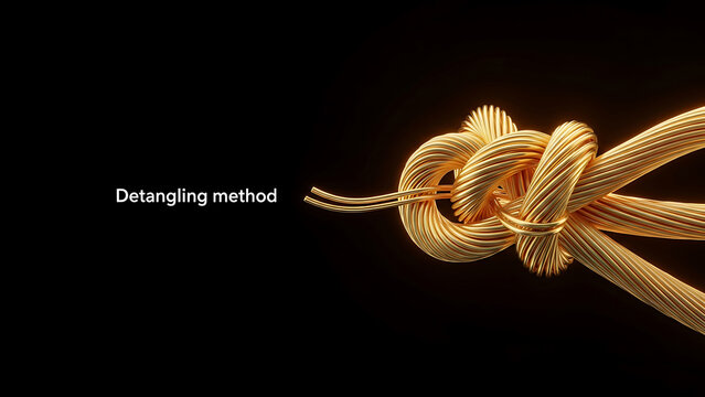 The detangling method shows a person carefully unknotting a bundle of golden ropes on a black background with a close-up view.