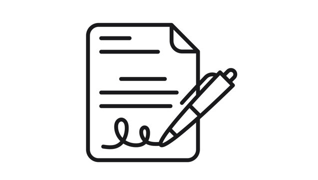 Black line vector icon illustration of a document or contract being signed with a pen, featuring a signature at the bottom, minimalist design for business agreement and legal paperwork.