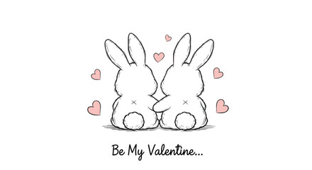 Fototapeta premium Two adorable bunnies sitting together from behind surrounded by small pink hearts and the message be my valentine.