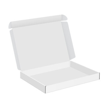 Open thin square cardboard box mockup for gifts packaging or mailing goods, isolated on white background. Vector illustration
