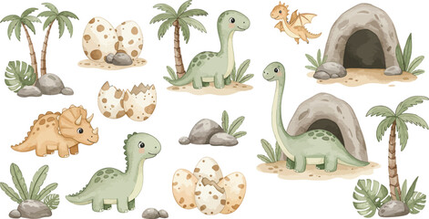 Obraz premium Funny cartoon vector illustration of a wild baby dinosaur with a chicken and eggs, a yellow Easter bunny, and a green snake in a blue nature zoo