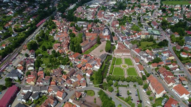 Aerial view of the old town of the city Erbach im Odenwald in Germany. On a sunny spring day.