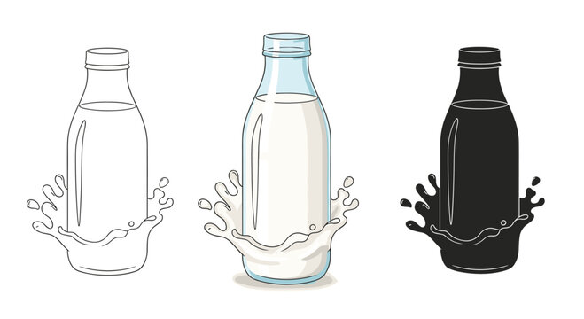 Glass milk bottle icon set with a white liquid splash at the bottom shown in detailed line art, full color, and a solid black silhouette.