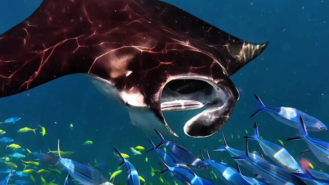 Reef Manta Ray Filter Feeding Through Fish School