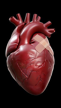 cuore ferito nei sentimenti e guarito con punti e cerotti, heart wounded in feelings and healed with stitches and band-aids