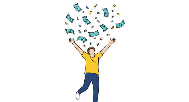 Joyful person throwing cash and coins in the air celebrating financial success, wealth, jackpot winning, and economic prosperity.
