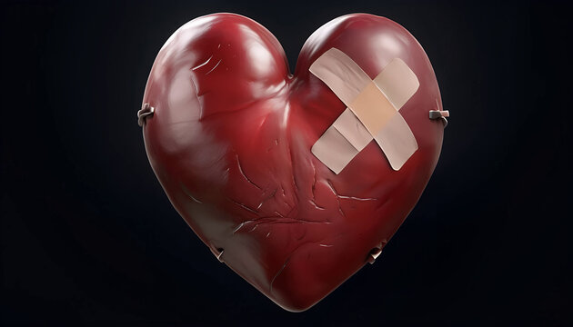 cuore ferito nei sentimenti e guarito con punti e cerotti, heart wounded in feelings and healed with stitches and band-aids