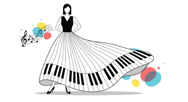 Artistic woman wears a flowing dress made of piano keys while musical notes and colorful circles dance in the white background.
