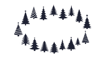 Obraz premium Minimalist silhouettes of various Christmas trees are arranged in an oval shape to create a festive holiday frame.