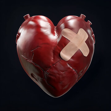 cuore ferito nei sentimenti e guarito con punti e cerotti, heart wounded in feelings and healed with stitches and band-aids