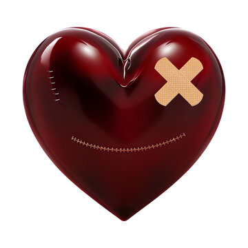 cuore ferito nei sentimenti e guarito con punti e cerotti, heart wounded in feelings and healed with stitches and band-aids