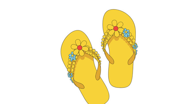 Pair of yellow summer flip flops is decorated with blue and yellow flowers and delicate ruffles for a beach theme.