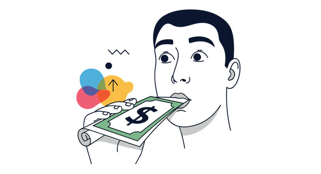 Close up illustration of a man with a rolled up dollar bill in his mouth and colorful abstract shapes in the background.