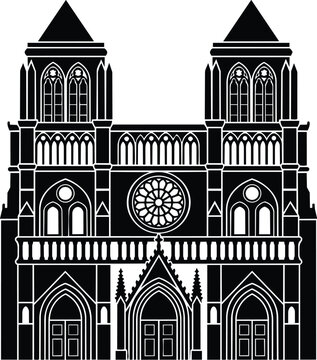 Black and white vector notre dame cathedral facade with rose window and twin towers portrait line art