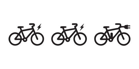 Fototapeta premium Three line art bicycle icons, two with a lightning bolt and one with a charging plug