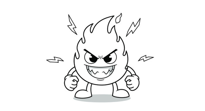 Angry fire flame character with a menacing facial expression and clenched fists surrounded by lightning bolts in black and white line art.