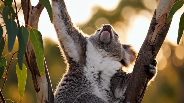 Koala stretching limb in eucalyptus tree at sunrise