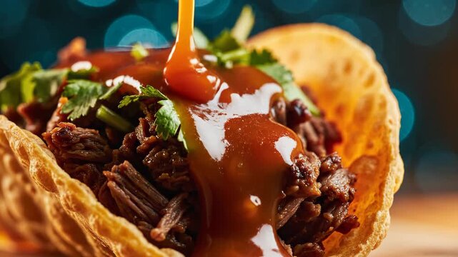 Savory beef taco with sauce and cilantro