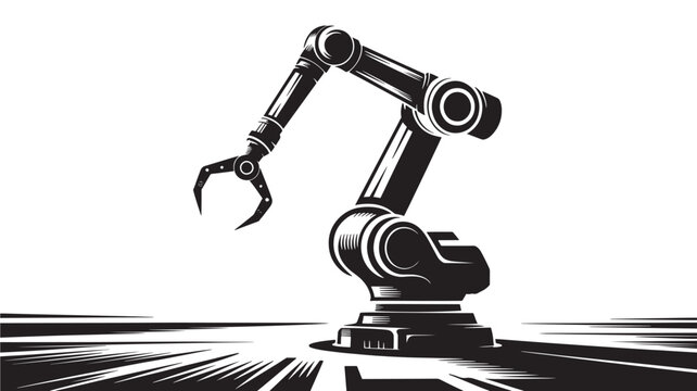 Black vector illustration of an industrial robotic arm symbolizing automation, manufacturing, artificial intelligence, robotics engineering, and modern factory production systems