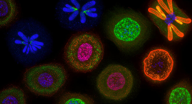 Microscopic View of Cells Undergoing Mitosis, Chromosomes Aligning and Separating
