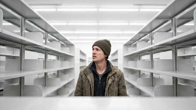 Man Standing in Empty Warehouse Aisles Looking Up.