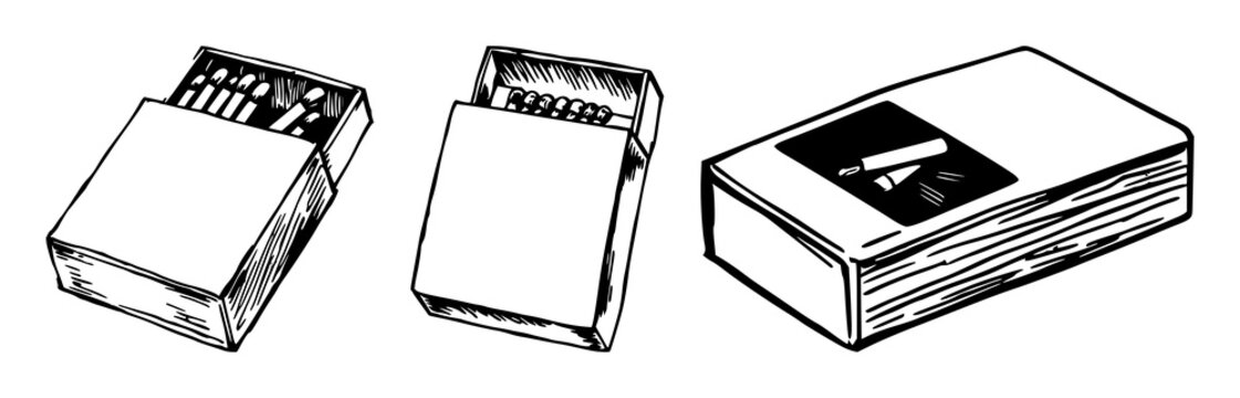 Matchbox set with hand-inked line art of a vintage matchbox showing a single match out featuring hand-drawn line illustration, minimalist, vintage with black ink and white background