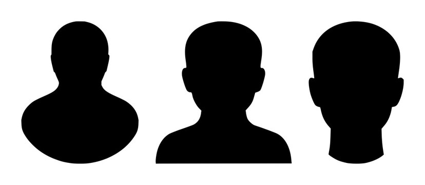 User profile avatar icon set with solid black fill and simple glyph design featuring human shape, default profile, anonymous user with face and head