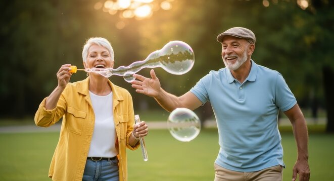 Senior couple having fun blowing bubbles in the park outdoors together happily senior couple old peo