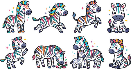 Cute colorful zebra cartoon set featuring playful animals, baby zebra, hand drawn style characters with rainbow stripes in modern flat vector illustration © MdMostafijur