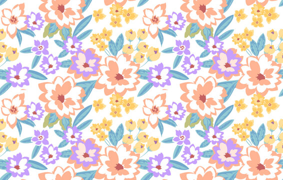 Seamless flowers pattern in vector. Cute blooming pattern background.