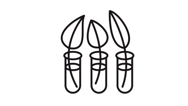 Black line art vector illustration of three laboratory test tubes containing plant leaves, symbolizing biotechnology, botanical research, scientific experiments, and ecological studies.