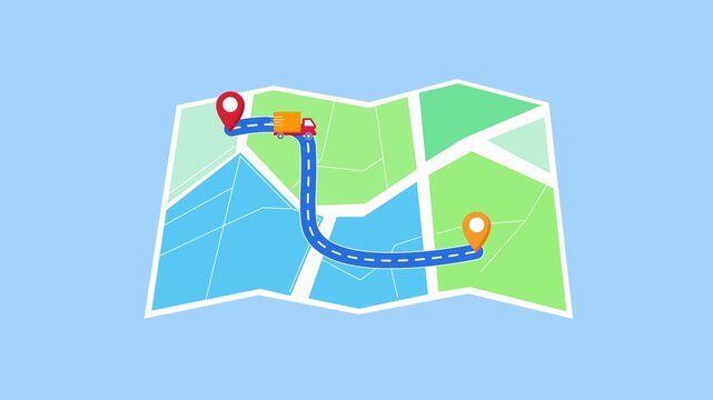 Animated video of a folded map showing delivery route with GPS navigation path and location pins. Represents logistics tracking, shipment routes, and real time navigation system.