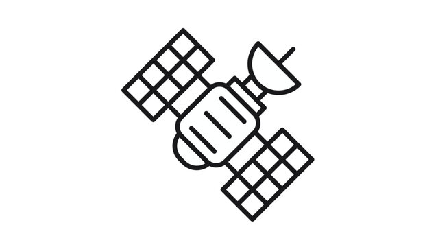 Minimalist black line art vector icon of an orbiting space satellite featuring solar panels and a parabolic communication antenna dish, isolated illustration for aerospace and technology.