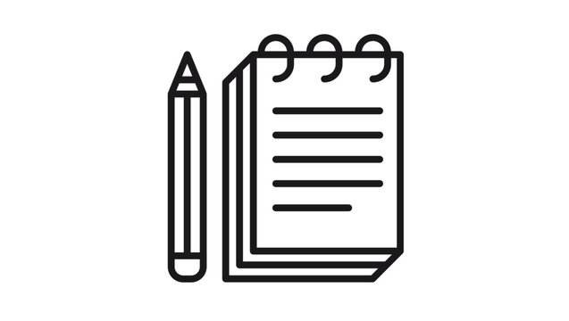 Minimalist black line vector icon illustration of a spiral notebook with lined pages and a pencil, representing writing, note-taking, education, school supplies, office stationery, and planning.