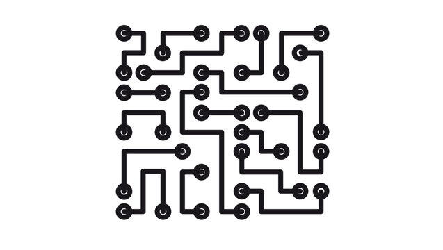 Minimalist black vector icon of a circuit board pattern with nodes and traces, symbolizing technology, electronics, digital connectivity, and microchip architecture on a white background.