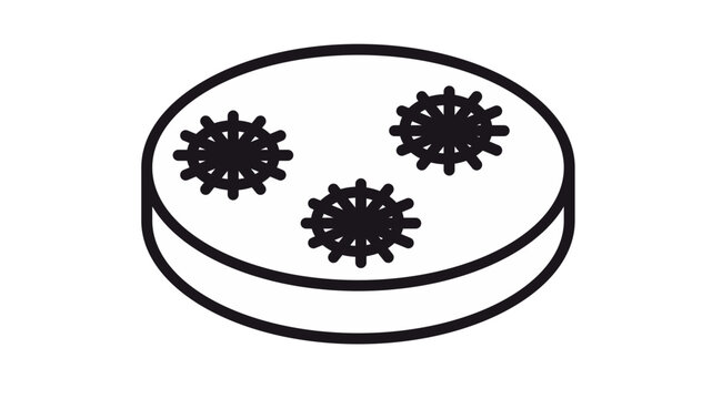 Minimalist black line vector icon illustration of a petri dish with bacteria or virus cultures, symbolizing microbiology, scientific laboratory research, medical testing, and germ analysis.
