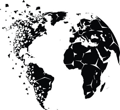 A broken world map with fragmented continents on a white background