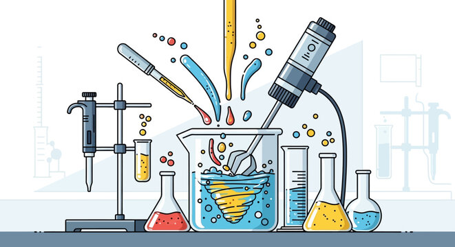 Scientists conduct an experiment with colorful liquids and equipment in a laboratory setting.