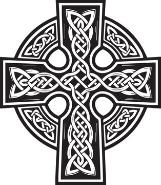 Detailed black and white illustration of a traditional celtic cross with intricate knotwork patterns isolated on transparent background, Vector, illustration