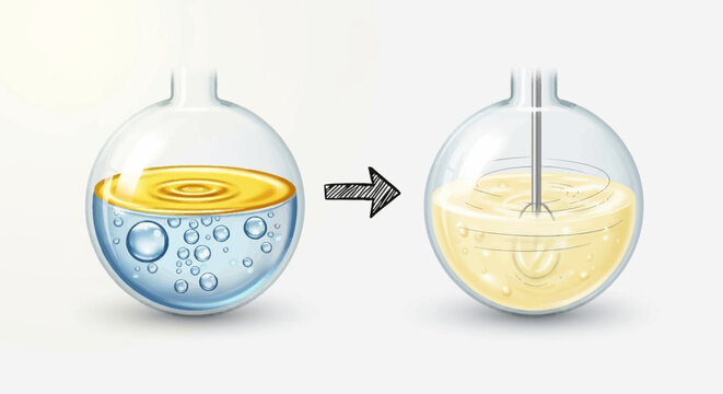 A person mixes two liquids in a laboratory setting with a glass flask.