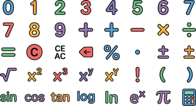 Mathematics symbols and numbers icon set featuring colorful digits, algebra signs, trigonometry functions, calculator elements in modern flat outline vector style