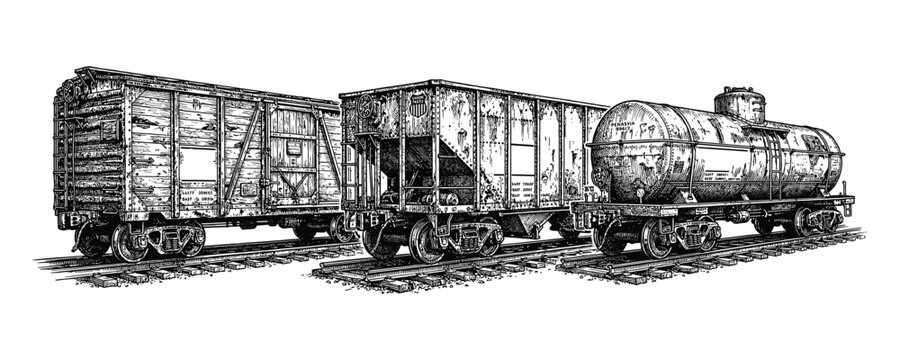 Vintage freight train cars vector illustration on tracks with retro tank wagon.