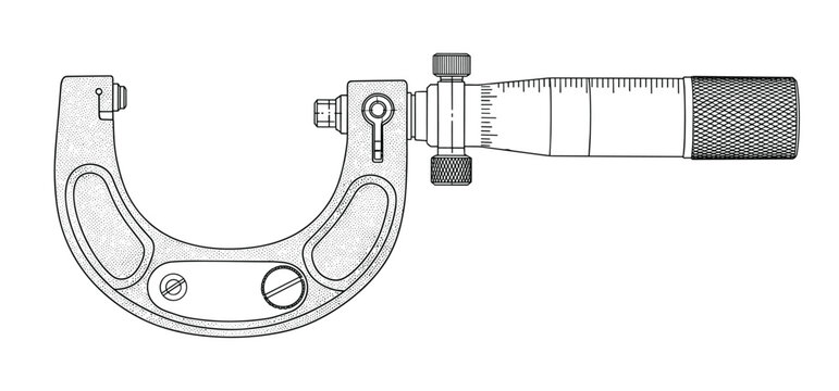 Micrometer precision measurement tool vector technical drawing for engineering.