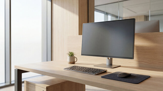 Modern office desk setup with computer monitor, keyboard, mouse, and plant on light wood by a bright window.