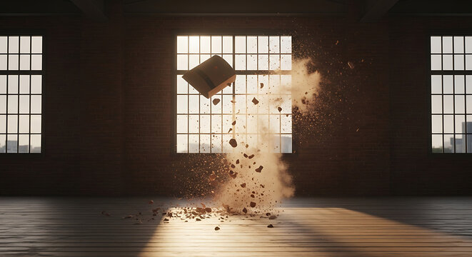 A cardboard box explodes mid-air releasing dust and debris in a large industrial loft with large windows and warm sunlight streaming in